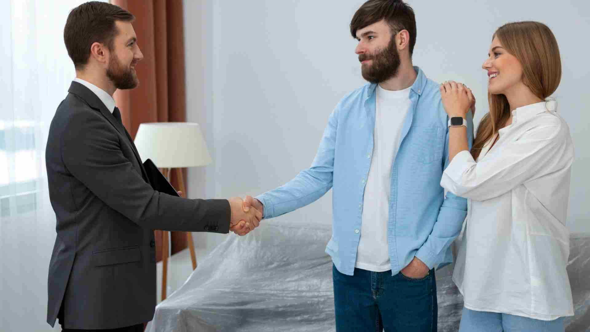 Mortgage broker market handshake with smiling clients.